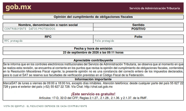 Ejemplo de opinión de cumplimiento. El sentido positivo mostrado corresponde únicamente al documento de muestra.